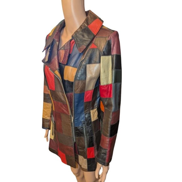 La Vogue Patchwork Leather Jacket Vintage Women Size 10 Multi-Colored 3/4 Length - Picture 3 of 10